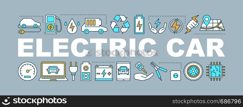 Electric car word concepts banner. Green vehicle. Isolated lettering typography idea with linear icons. Electric automobiles workshop. Vector outline illustration. Electric car word concepts banner