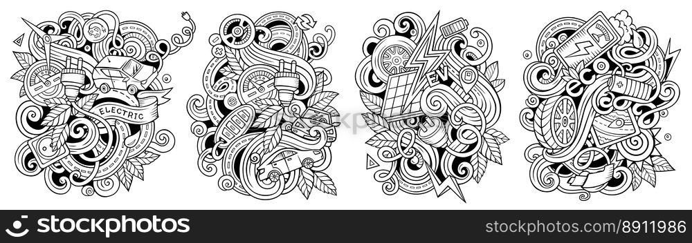 Electric Cars cartoon vector doodle designs set. Line art detailed compositions with lot of eco transport objects and symbols. Isolated on white illustrations. Electric Cars cartoon vector doodle designs set.