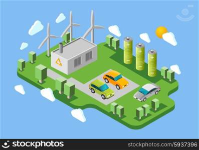 Electric cars charging station isometric banner. Electric cars public charging station isometric banner with green energy facilities and battery swaps abstract vector illustration