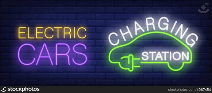 Electric cars charging station neon sign. Silhouette of green car with plug. Vector illustration in neon style for ecological transport or car battery