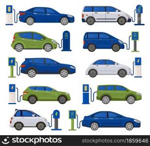 Electric cars, ecology, sustainability vehicle charging. Environmentally friendly automobiles at charging stations vector illustration set. Electro renewable energy transport. Electric car station. Electric cars, ecology, sustainability vehicle charging. Environmentally friendly automobiles at charging stations vector illustration set. Electro renewable energy transport