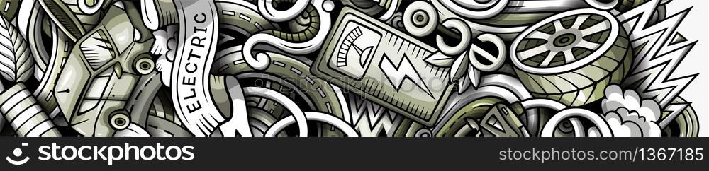 Electric cars hand drawn doodle banner. Cartoon detailed flyer. Automotive identity with objects and symbols. Monochrome vector design elements background. Electric cars hand drawn doodle banner. Cartoon detailed flyer.