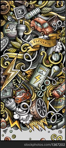 Electric cars hand drawn doodle banner. Cartoon detailed flyer. Automotive identity with objects and symbols. Color vector design elements background. Electric cars hand drawn doodle banner. Cartoon detailed flyer.