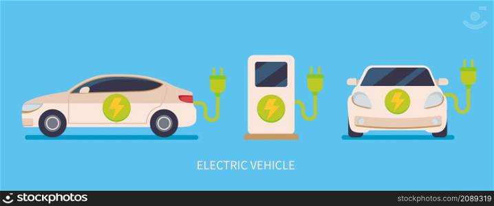 Electric cars in different views, charger station,environmentally friendly electricity.Eco-friendly concept, hybrid vehicles ready for charging.Template design for advertise charging stations.Vector. Electric cars in different views, charger station.