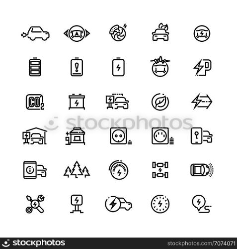 Electric cars line vector icons. Hybrid battery vehicles and green transport symbols. Electric transport renewable and charging, energy eco automobile illustration. Electric cars line vector icons. Hybrid battery vehicles and green transport symbols