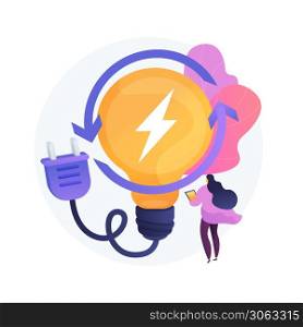 Electric charge, electricity generation, light production. Female PC user with electrical appliance cartoon character. Device charging. Vector isolated concept metaphor illustration.. Electric charge, electricity generation, light production vector concept metaphor.