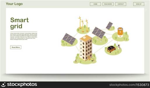 Electric charge station webpage vector template with isometric illustration. Smart grid. Solar, wind energy supply. Renewable power production. Website interface design. Webpage, mobile app 3d concept. Electric charge station webpage vector template with isometric illustration