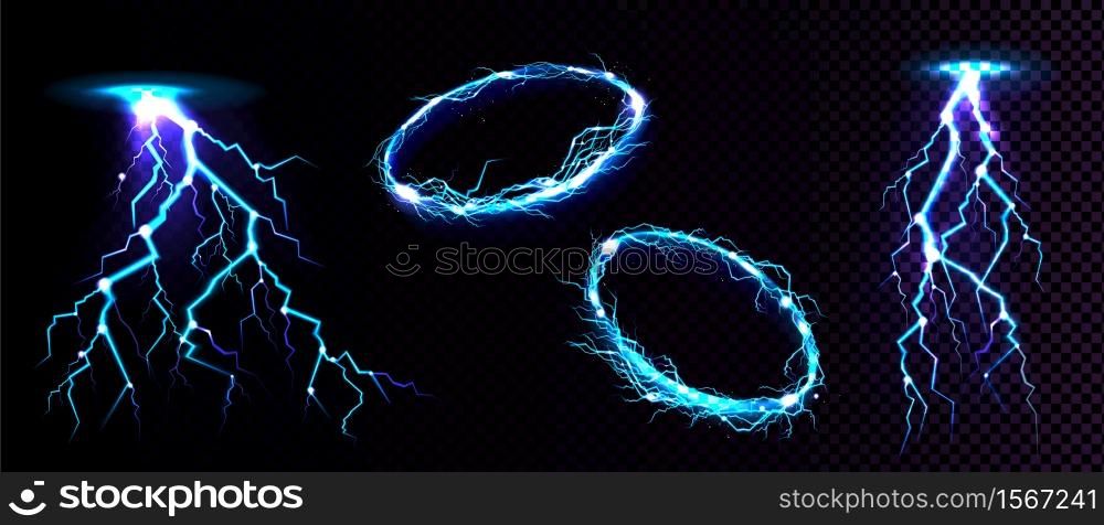 Electric circle and lightning strike, impact place, plasma ring or magical energy flash in blue color isolated on black background. Powerful electrical discharge, Realistic 3d vector illustration. Electric ball and lightning strike, impact place