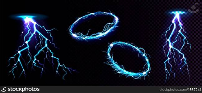 Electric circle and lightning strike, impact place, plasma ring or magical energy flash in blue color isolated on black background. Powerful electrical discharge, Realistic 3d vector illustration. Electric ball and lightning strike, impact place