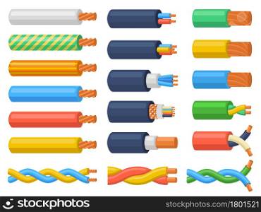 Electric copper core power supply wires cables. Electrical cable wires, flexible electricity equipment vector illustration set. Hardware electrical cable of different amperage and colors. Electric copper core power supply wires cables. Electrical cable wires, flexible electricity equipment vector illustration set. Hardware electrical cable