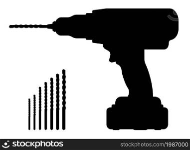 Electric cordless hand drill silhouette with bits. Clip art vector illustration isolated on white. Electric cordless hand drill silhouette with bits