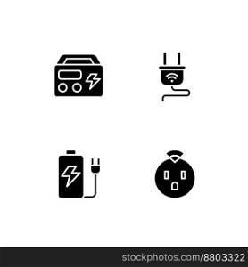 Electric devices black glyph icons set on white space. Smart socket and plug. Portable generator and battery. Silhouette symbols. Solid pictogram pack. Vector isolated illustration. Electric devices black glyph icons set on white space