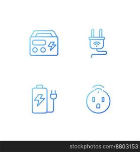 Electric devices pixel perfect gradient linear vector icons set. Smart socket, plug. Portable generator and battery. Thin line contour symbol designs bundle. Isolated outline illustrations collection. Electric devices pixel perfect gradient linear vector icons set