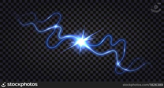Electric discharge shock effect, dynamic blue impulse waves with light burst glow. Lightning thunder bolt isolated, swirl wire cables. Electricity, technology, power and energy. Vector illustration
