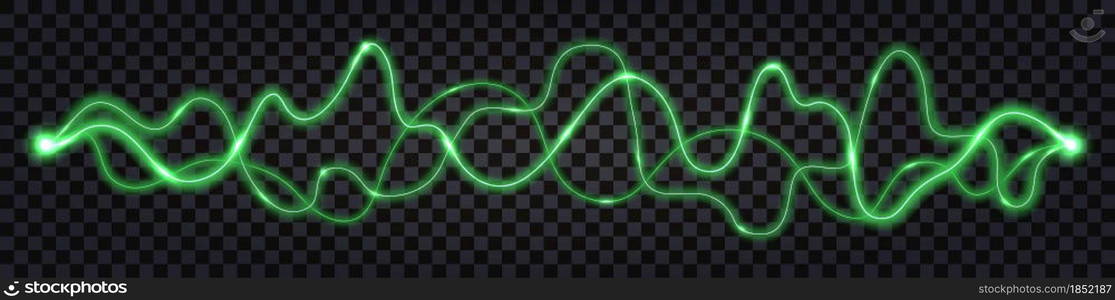 Electric discharge wave swirl, green light glow impulse lwire cable. Lightning thunder bolt with shocIsolated on transparent background. Vector illustration