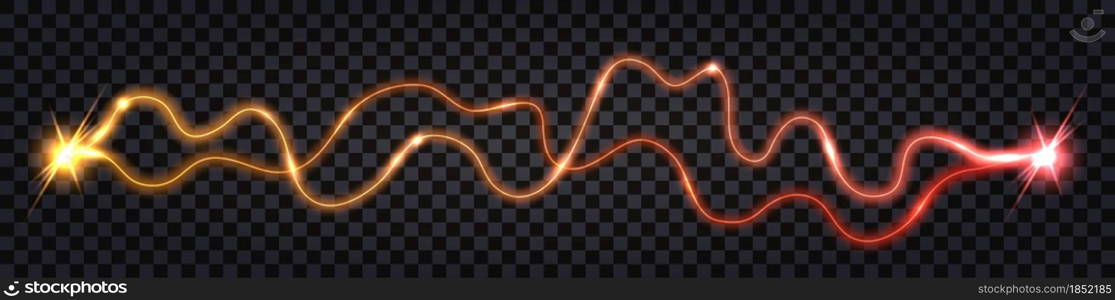 Electric discharge wave swirl, yellow vs red light glow. Lightning thunder bolt, power energy flash explosion, wire cable isolated on dark background. Vector illustration