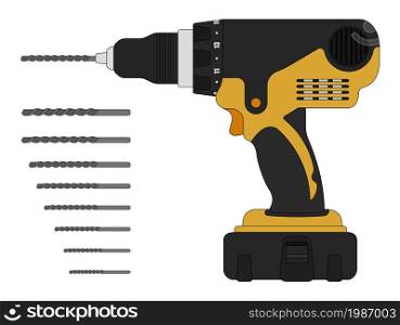 Electric drill and bits. Cordless battery construction hand drill tool illustration isolated on white. Vector. Electric drill and bits