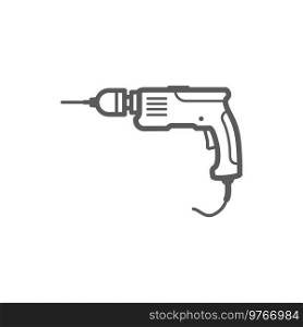 Electric drill isolated outline icon. Vector repair tool, building equipment, hammer screwdriver power drill. Repair and building, house construction instrument monochrome linear symbol. Repair tool isolated electric drill or screwdriver