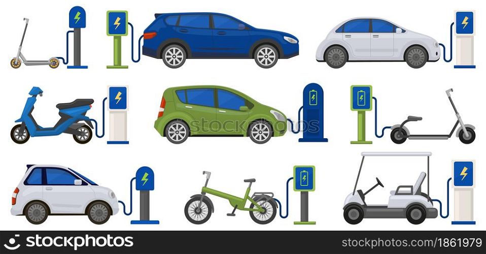 Electric eco friendly transport powered with charging station. Renewable energy car, scooter, bicycle at charge station vector illustration set. Charging electric vehicles. Moped electric and scooter. Electric eco friendly transport powered with charging station. Renewable energy car, scooter, bicycle at charge station vector illustration set. Charging electric vehicles