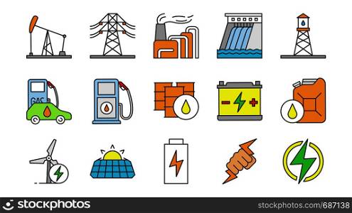Electric energy color icons set. Electricity. Power generation and accumulation. Electric power industry. Alternative energy resources. Isolated vector illustrations. Electric energy color icons set