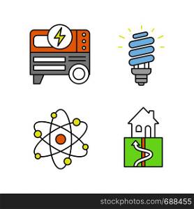 Electric energy color icons set. Portable power generator, compact fluorescent lamp, geothermal and nuclear energy. Isolated vector illustrations. Electric energy color icons set