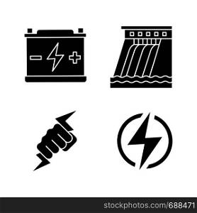 Electric energy glyph icons set. Accumulator, hydroelectric dam, power fist, lightning bolt. Silhouette symbols. Vector isolated illustration. Electric energy glyph icons set