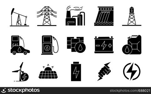 Electric energy glyph icons set. Electricity. Power generation and accumulation. Electric power industry. Alternative energy resources. Silhouette symbols. Vector isolated illustration. Electric energy glyph icons set