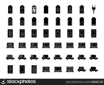 Electric energy glyph icons set. Smartphone, laptop and electric car charge. Electric energy accumulation. Battery level indicator. Silhouette symbols. Vector isolated illustration. Electric energy glyph icons set