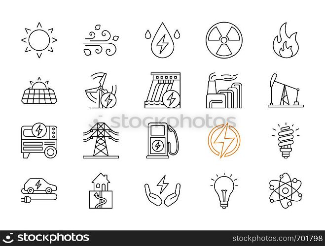 Electric energy linear icons set. Electricity. Power generation and accumulation. Electric power industry. Alternative energy resources. Thin line contour symbols. Isolated vector outline illustrations. Editable stroke. Electric energy linear icons set