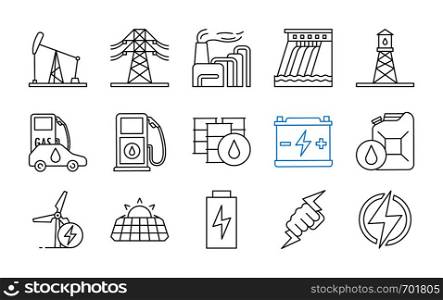 Electric energy linear icons set. Electricity. Power generation and accumulation. Electric power industry. Thin line contour symbols. Isolated vector outline illustrations. Editable stroke. Electric energy linear icons set