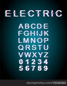 Electric glitch font template. Retro futuristic style vector alphabet set on turquoise background. Capital letters, numbers and symbols. Modern typeface design with distortion effect
