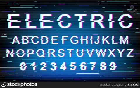 Electric glitch font template. Retro futuristic style vector alphabet set on turquoise background. Capital letters, numbers and symbols. Modern technology typeface design with distortion effect
