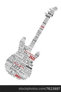 Electric guitar shape composed of text relating to music, jazz and audio for musical design