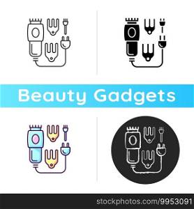 Electric hair clippers icon. Hair trimmer. Hairstyling appliance. Sharpened comb-like blades. Beauty and barber salon. Linear black and RGB color styles. Isolated vector illustrations. Electric hair clippers icon