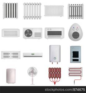 Electric heater radiator mockup set. Realistic illustration of 16 electric heater radiator mockups for web. Electric heater device mockup set, realistic style