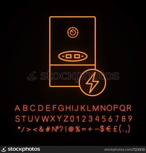 Electric heating boiler neon light icon. House central heater. Heating system. Glowing sign with alphabet, numbers and symbols. Vector isolated illustration. Electric heating boiler neon light icon