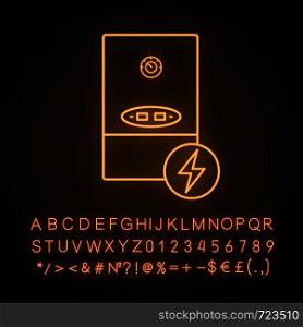 Electric heating boiler neon light icon. House central heater. Heating system. Glowing sign with alphabet, numbers and symbols. Vector isolated illustration. Electric heating boiler neon light icon