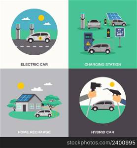 Electric hybrid cars charging stations and home recharge points 4 flat icons composition poster isolated vector illustration . Electric Car 4 Flat Icons Square