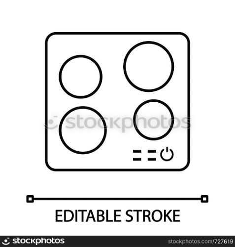 Electric induction hob linear icon. Cooktop. Thin line illustration. Cooking panel, surface. Induction stove or built in cooker. Contour symbol. Vector isolated outline drawing. Editable stroke. Electric induction hob linear icon