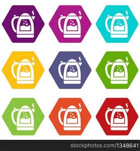 Electric kettle icons 9 set coloful isolated on white for web. Electric kettle icons set 9 vector