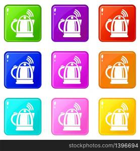 Electric kettle icons set 9 color collection isolated on white for any design. Electric kettle icons set 9 color collection