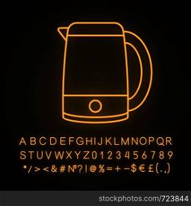 Electric kettle neon light icon. Hot water pot. Kitchen appliance. Glowing sign with alphabet, numbers and symbols. Vector isolated illustration. Electric kettle neon light icon