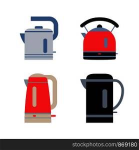 Electric kettles. Flat style teapots. Cookware collection. Metal and plastic samples. Color illustration set. Vector icons. Mockup