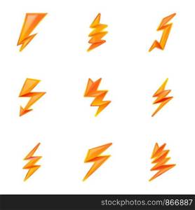 Electric lightning bolt icon set. Cartoon set of 9 electric lightning bolt vector icons for web design isolated on white background. Electric lightning bolt icon set, cartoon style