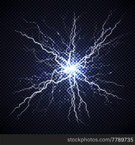 Electric lightning bright luminous starburst atmosphere phenomenon on dark transparent decorative background realistic image vector illustration. Electric Lightning Realistic Transparent Background