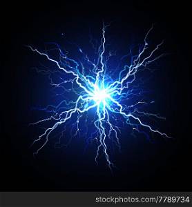 Electric lightning bright luminous starburst atmosphere phenomenon on night sky blue decorative background realistic image vector illustration . Electric Lightning Starburst Realistic Image