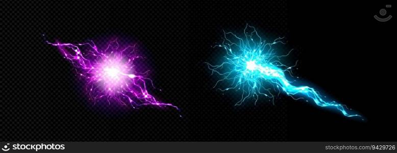 Electric lightning energy ball discharge vector. Thunder circle explosion with plasma shock transparent realistic neon 3d element. Magic power spell with thunderball hit. Burst in blue and purple. Electric lightning energy ball discharge vector