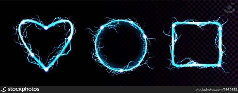 Electric lightning frames in shape of circle, heart and square. Digital glowing neon borders. Vector realistic set of blue sparking discharge isolated on transparent background. Vector realistic blue electric lightning frames