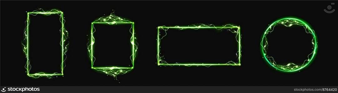 Electric lightning frames. Rectangle, square and circle borders with green thunderbolt strikes and neon glowing isolated on black background, vector realistic set. Vector green electric lightning frames
