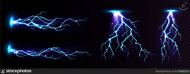 Electric lightning strike, impact place, plasma or magical energy flash in blue color isolated on black background. Powerful electrical discharge, Realistic 3d vector illustration. Electric lightning strike, impact place